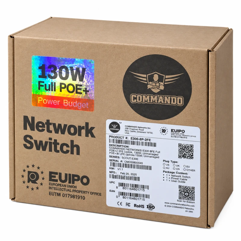 Commando E300-8P-2FE 8-Port PoE+ Network Switch, 130W Power Budget.