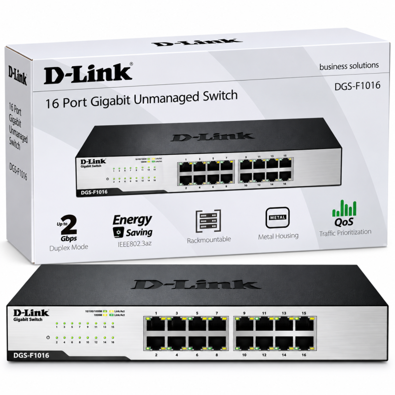 D-Link DGS-F1016 16-Port Gigabit Unmanaged Network Switch – Rackmountable