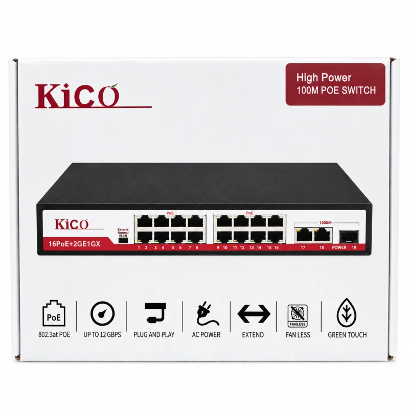 KICO Kico1916K-16P 16-Port 10/100Mbps PoE Network Switch with 2 Gigabit Uplink Ports and 1 SFP Port – 300W