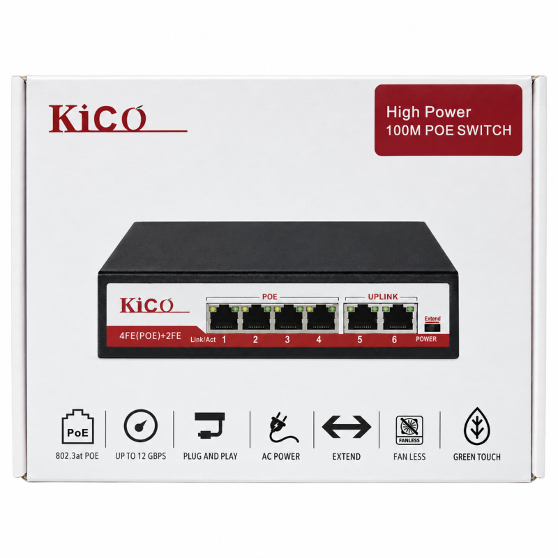 KICO Kico0604-4P 4-Port 10/100Mbps PoE Network Switch with 2 Fast Ethernet Uplink Ports – 75W