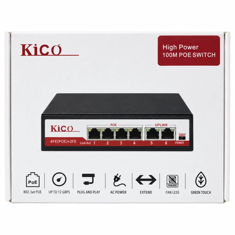 KICO Kico0604-4P 4-Port 10/100Mbps PoE Network Switch with 2 Fast Ethernet Uplink Ports – 75W