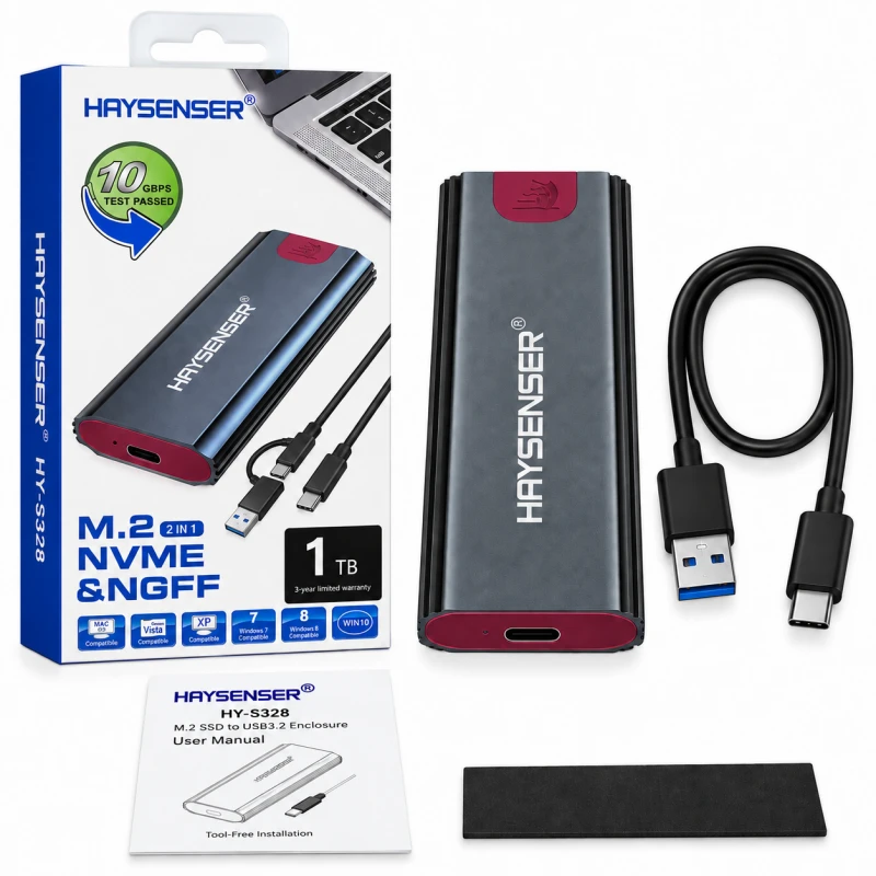 Haysenser Capacity 1TB HY-S328 M.2 NVMe/SATA SSD to USB 3.2 External Enclosure – 10Gbps