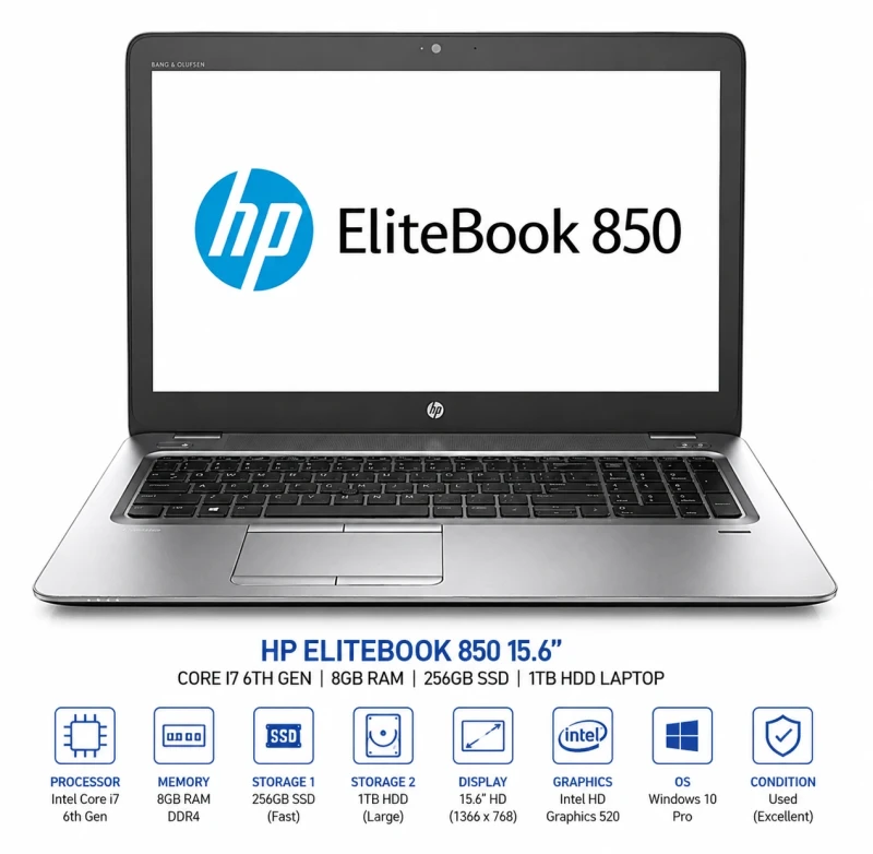 HP ELITEBOOK 850 15.6” CORE I7 6TH GEN 8GB RAM/256 SSD/1TB HDD LAPTOP